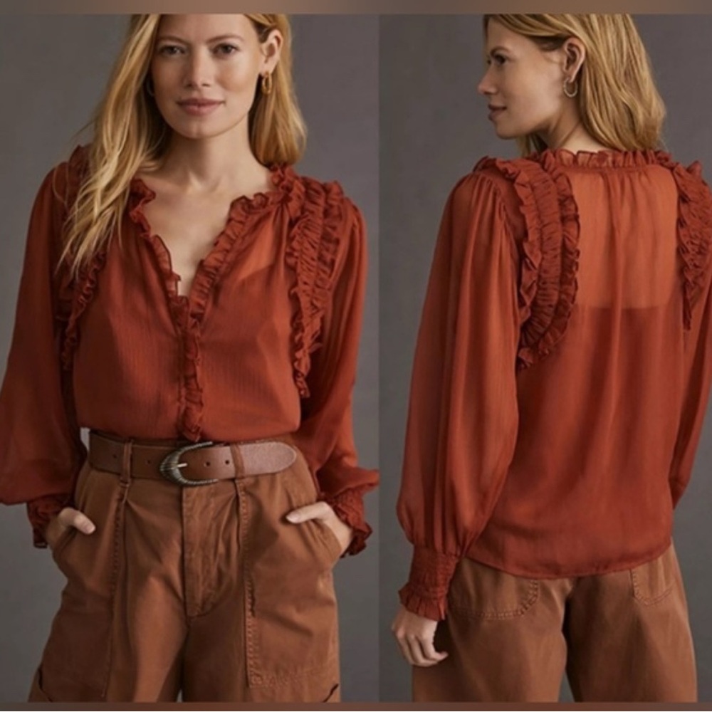 Anthropologie Forever that Girl Fall Harvest Ruffled Rust Red long sleeve Blouse